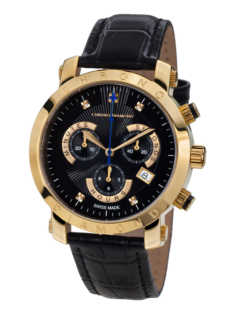 Automatik Uhren — Nestor — Chrono Diamond — Gold IP Schwarz Leder