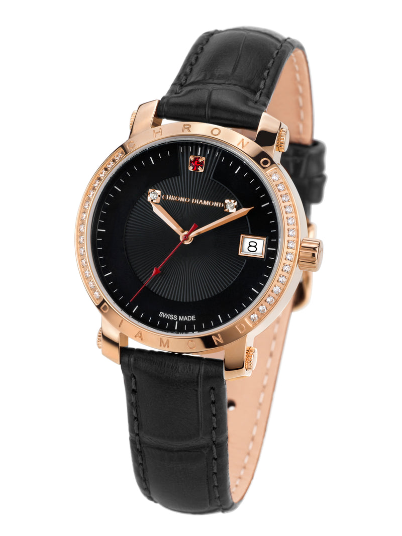 Automatik Uhren — Nesta — Chrono Diamond — Rosegold IP Schwarz Leder Red Stone