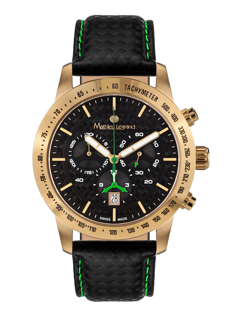 bracelet Uhren — Lederband Grande Vitesse — Band — schwarz grüne Ziernaht gold
